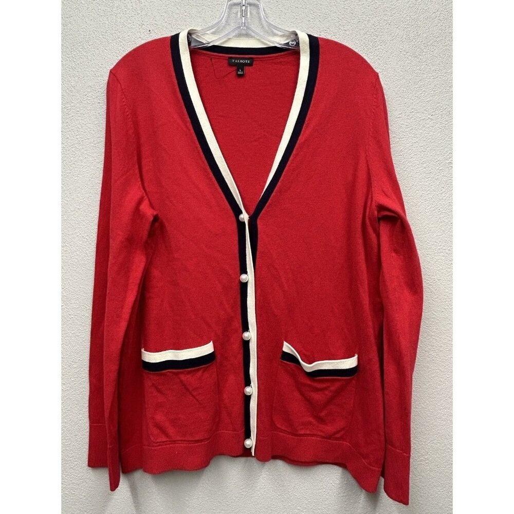 NEW Talbots Cardigan Sweater Cashmere Blend Faux Pearl Buttons Women's Large Red